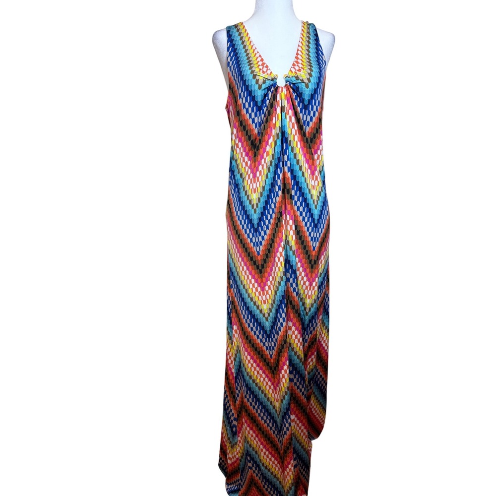 Trina Turk Chevron Maxi Dress Multicolor Geometric Ring Front Resort 6